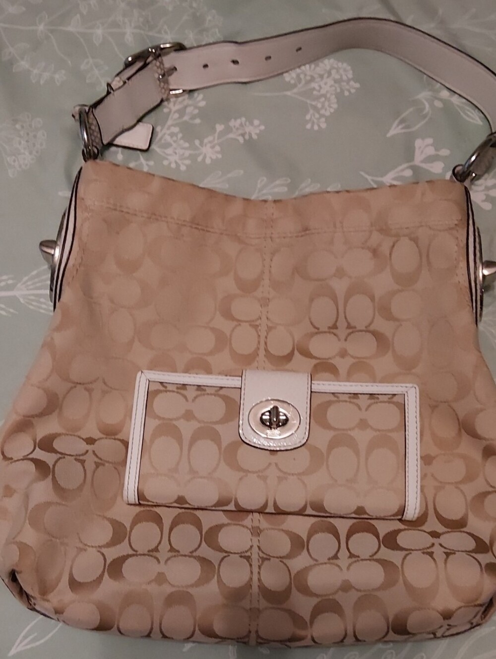 Coach Beige Signature Canvas Hobo with White Trim